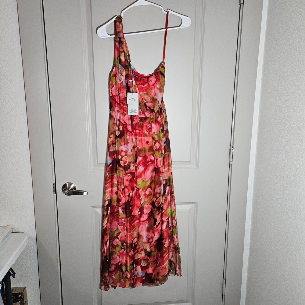 NEW Lara G. Silk Blend Midi Dress Small One-Shoulder Abstract Lined Red Italy